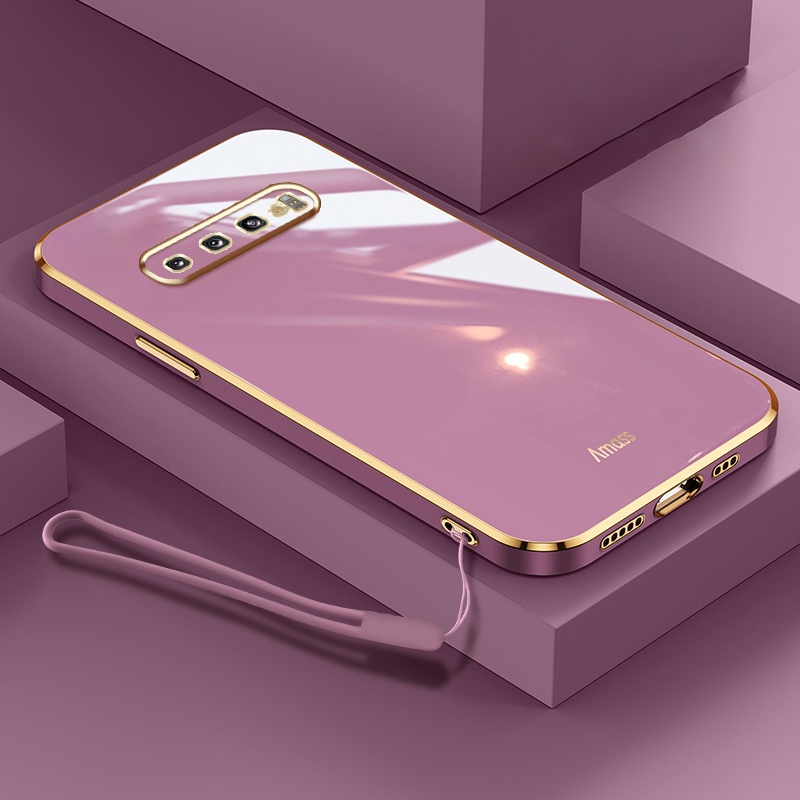 [ พร้อมส่ง ] เคสโทรศัพท์มือถือแบบนิ่ม ขอบตรง หรูหรา พร้อมสายคล้อง สําหรับ Samsung S9 Plus S10 Plus