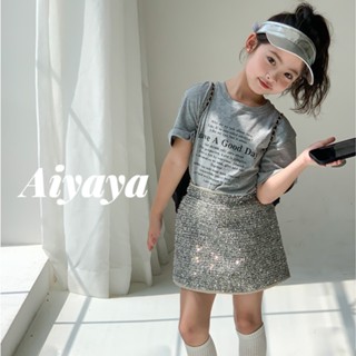 Aiyaya เสื้อผ้าเด็กผู้หญิง ชุดเซ็ทเด็กเสื้อยืด ชุดกระโปรงเด็กผู้หญิง เสื้อยืดแขนสั้นน่ารัก+ชุดกระโปรงประกาย（592）