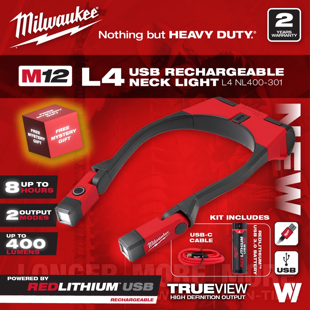 MILWAUKEETM REDLITHIUMTM USB ชาร์จ 400L Neck Light [ L4 NL400-301 ]