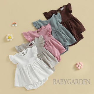 Babygarden-0-3 yeas เสื้อยืดแขนระบาย สีพื้น และกางเกงขาสั้น ยืดหยุ่น ลําลอง แฟชั่นฤดูร้อน สําหรับเด็กผู้หญิง