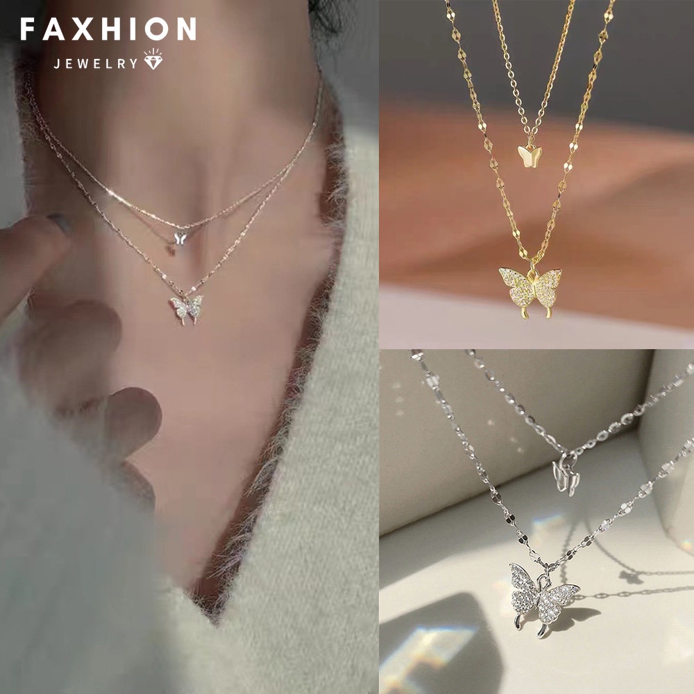 Faxhion สไตล์เกาหลี จี้ผีเสื้อ แวววาว สองชั้น สร้อยคอ สําหรับผู้หญิง เด็กผู้หญิง กระดูกไหปลาร้า โซ่ เครื่องประดับ อุปกรณ์เสริม