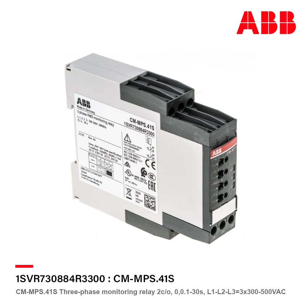 ABB Three-phase monitoring relay 2c/o, 0,0.1-30s, L1-L2-L3=3x300-500VAC l CM-MPS.41S l 1SVR730884R33