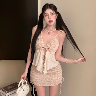 Pleated fashion suit womens sweet sexy lace-up irregular camisole summer hip skirt two-piece set