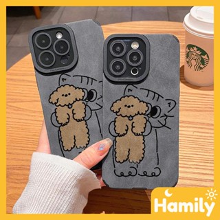 For iPhone 11 Case Gray Leather Veneer Pupil Fur Case Soft Shell Shockproof Phone Case Cute Cat Hug Bear Compatible with iPhone 14 13 Pro max 12 Pro Max XR XS 7Plus 8Plus