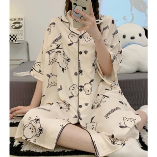 womens summer ice silk short sleeve long pajamas Sexy sweet high-end ladies Pochacco nightdress