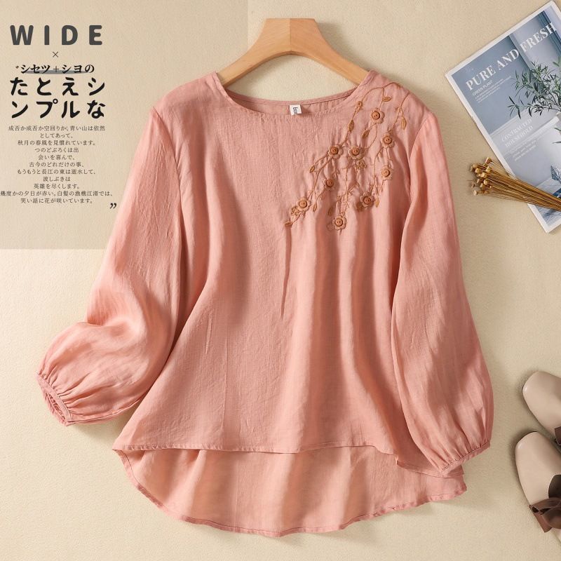 เสื้อยืดคอกลม ผ้าฝ้าย และผ้าลินิน แบบบาง ปักลาย ทรงหลวม ขนาดใหญ่ สําหรับผู้หญิง