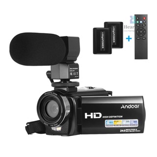 Andoer กล้องบันทึกวิดีโอดิจิทัล HDV-201LM 1080P FHD DV 24MP ซูม 16X หน้าจอ LCD 3.0 นิ้ว พร้อมกล้อง 6.5 2 ชิ้น