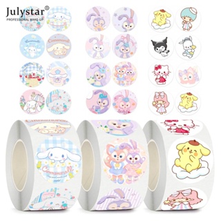 JULYSTAR 500 ชิ้น/ม้วนสติกเกอร์สัตว์น่ารัก Hello Kitty/kuromi/อบเชยตกแต่งสติกเกอร์กระดาษสำหรับของเล่นเด็กของขวัญ