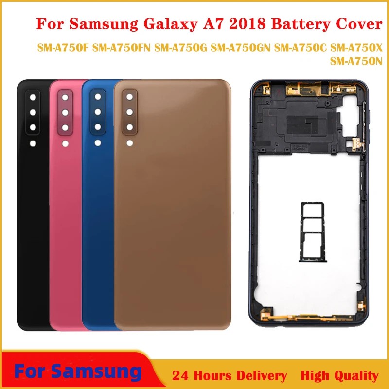 สําหรับ Samsung Galaxy A7 2018 A750F SM-A750 กรอบกลาง A750F ฝาหลังแบตเตอรี่ด้านหลังประตูกรณีซิมการ์ดถาดเปลี่ยน
