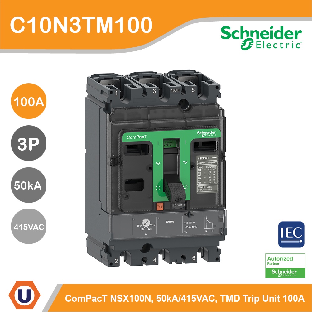 Schneider Electric  Circuit breaker, ComPact NSX100N, 50kA/415VAC, 3 poles, TMD trip unit 100A | C10