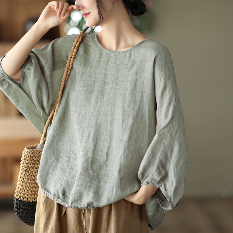 เสื้อยืดแขนค้างคาว ผ้าฝ้าย และผ้าลินิน แบบบาง ระบายอากาศได้ดี สไตล์ฝรั่งเศส สําหรับผู้หญิง