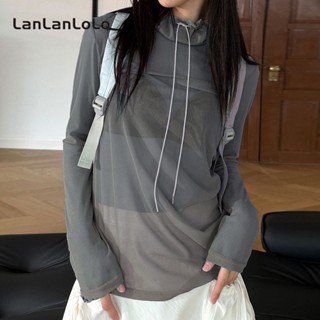 Lanlanlolo เสื้อกีฬาแขนยาว คอเต่า ผ้าตาข่าย ระบายอากาศ กันแดด สีพื้น สําหรับผู้หญิง 2023