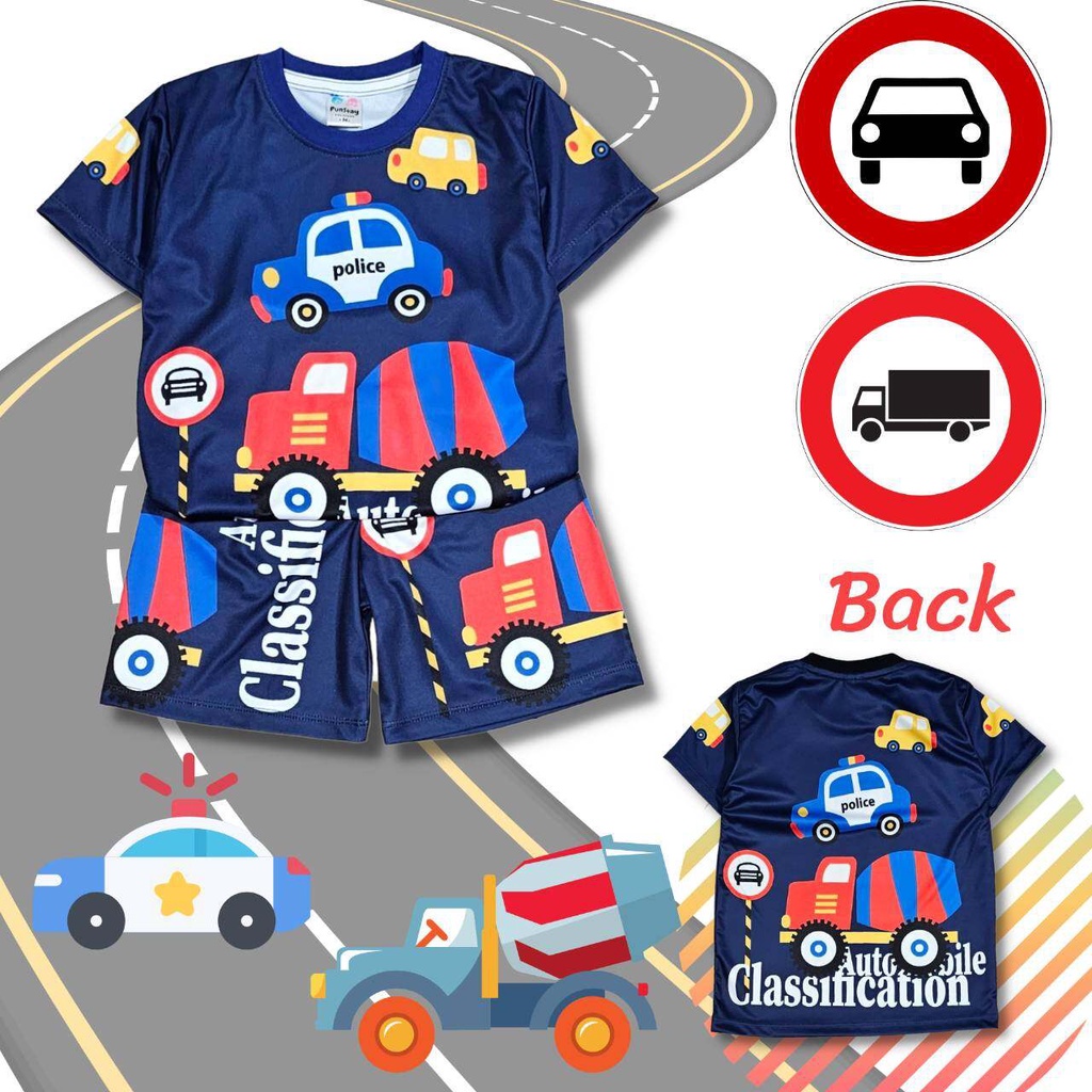 CR0842#9 เสื้อผ้าเด็ก เสื้อแขนสั้น+กางเกงขาสั้น ลายการ์ตูน รถของเล่น รถตำรวจ รถกู้ภัย ผ้าไมโครเกรดA ชุดเด็กแฟชั่น