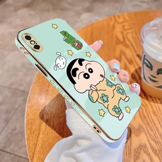 เคสไอโฟน iPhone 6 6S 7 8 Plus X XR XS MAX นิ่ม ขอบสี่เหลี่ยม เต้นรํา ชินจัง รูปแบบ ปลอก หรูหรา ชุบ เคสโทรศัพท์นุ่ม