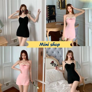 Mini shop🌸พร้อมส่ง🌸 (FY1235) ชุดมินิเดรสสาย เดี่ยว ทรงตรงติดโบว์ สายวีสองข้าง ขอบลูกไม้