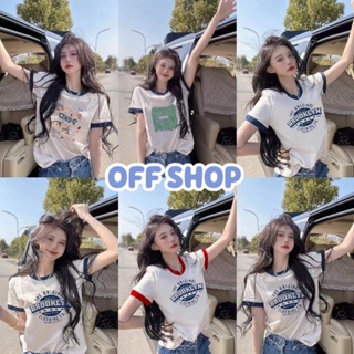 OFF SHOP พร้อมส่ง (OFF-96151-1) เสื้อยืดแขนสั้น ไหมพรมคอกลม 3สี ลายตัวอักษร  -C