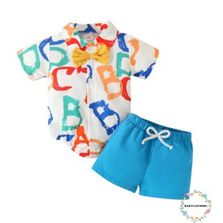 Babyclothes- ชุดรอมเปอร์ แขนสั้น พิมพ์ลายตัวอักษร ผูกโบว์ หลากสี กางเกงขาสั้น สําหรับเด็กผู้ชาย 2 ชิ้น