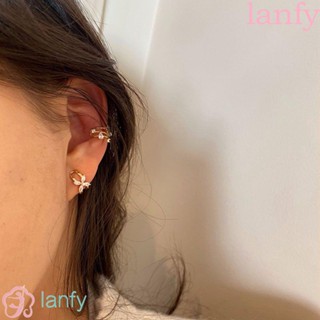 LANFY ต่างหูแบบหนีบ รูปดาว ประดับมุก พลอยเทียม เพทาย สีทอง เครื่องประดับแฟชั่น