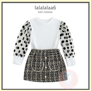 Laa6- เสื้อยืดซีทรู แขนยาว ลายจุด พร้อมกระโปรงสั้น สําหรับเด็กผู้หญิง