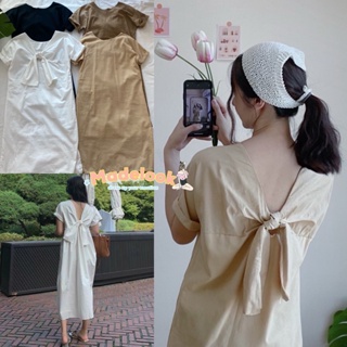 BKL พร้อมส่ง PSA2901 MUJI Bow Dress เดรสแขนพับผูกเชือกด้านหลัง ผ้าฝ้ายใส่สบาย สาวๆสไตล์มินิมอลต้องไม่พลาดค่ะ