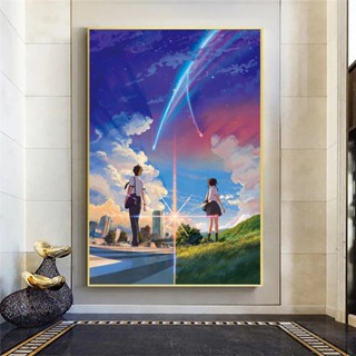 โปสเตอร์ผ้าใบ พิมพ์ลายการ์ตูนอนิเมะ Your Name Kimi No Na Wa Love Cuadros สําหรับตกแต่งผนัง ห้องนั่งเล่น 0725