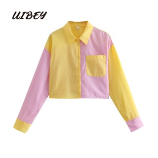 Uibey เสื้อเชิ้ตแขนยาว คอปก ลายทาง สีตัดกัน แฟชั่น 2630