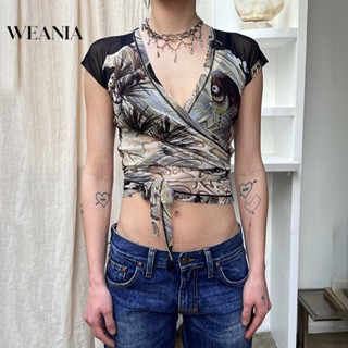 Weania เสื้อยืด แขนกุด คอวี พิมพ์ลายดอกไม้ สไตล์วินเทจ สําหรับผู้หญิง