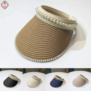 Women Pearl Headband Hairpin Hat Sunscreen Sunshade Woven Hollow Outdoor Sunhat