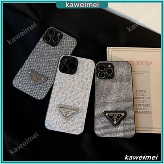 เคสโทรศัพท์มือถือ ทรงสี่เหลี่ยม ลายโลโก้ Prada ประดับเพชร แวววาว สําหรับ iPhone 14 13 12 11 Pro Max Xs Max XR 7 8 Plus