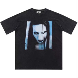 เสื้อยืดแขนสั้น ทรงหลวม พิมพ์ลาย Marilyn Manson สีขาว สไตล์วินเทจ