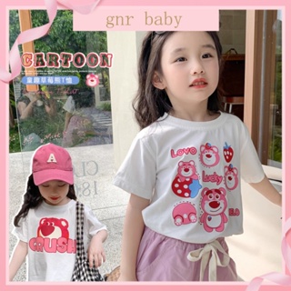 🍓GNR BABY🫐เสื้อยืดแขนสั้นลําลอง ผ้าฝ้าย พิมพ์ลายการ์ตูนหมี สําหรับเด็กผู้หญิง อายุ 3-12 ปี