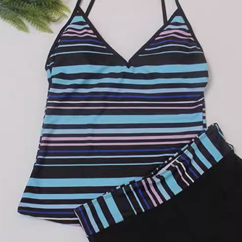 เสื้อสายเดี่ยวเเละกางเกงขาสั้นลายทาง ชุดว่ายน้ำทูพีชสองชิ้นพิมพ์ลายสดใส - รูปที่ 3