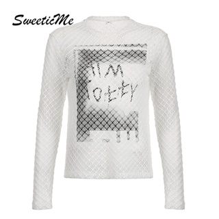 Sweeticme เสื้อยืดแขนยาว ทรงหลวม แต่งรูกลวง สีคอนทราสต์ แฟชั่นสตรีท 2023