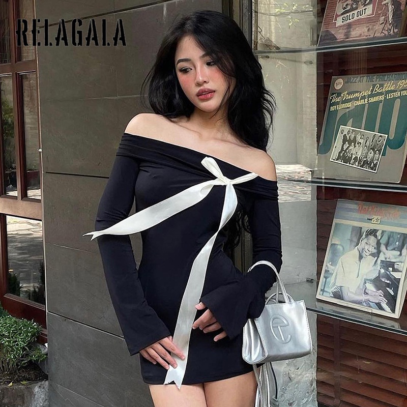 RelaGala ผู้หญิงแฟชั่นใหม่ Casual Simple แขนยาวไหล่ Bow Slim Hip Wrap Dress — صورة 5