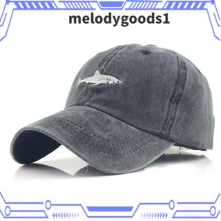 Melodygoods1 หมวกเบสบอล ผ้าฝ้าย ปักลายฉลาม ปรับขนาดได้ สไตล์ฮิปฮอป