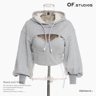 [New product in stock] 2023 hoodie hooded hollow-out fake two-piece pullover long sleeve short casual outer coat womens fashionable 1397 quality assurance FXPN