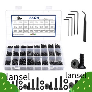 LANSEL ชุดสกรู น็อต และแหวนรอง 10.9 เกรดอัลลอย 1500 ชิ้น|สกรูหัวแบน หัวหกเหลี่ยม สีดํา M2 M3 M4 M5