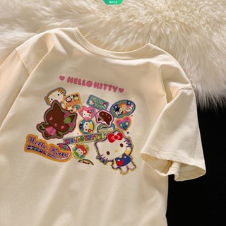 SANRIO เสื้อยืดแขนสั้น ผ้าฝ้าย ทรงหลวม ลาย Hello Kitty แฟชั่นฤดูร้อน สไตล์ญี่ปุ่น สําหรับผู้หญิง และนักเรียน Y2k