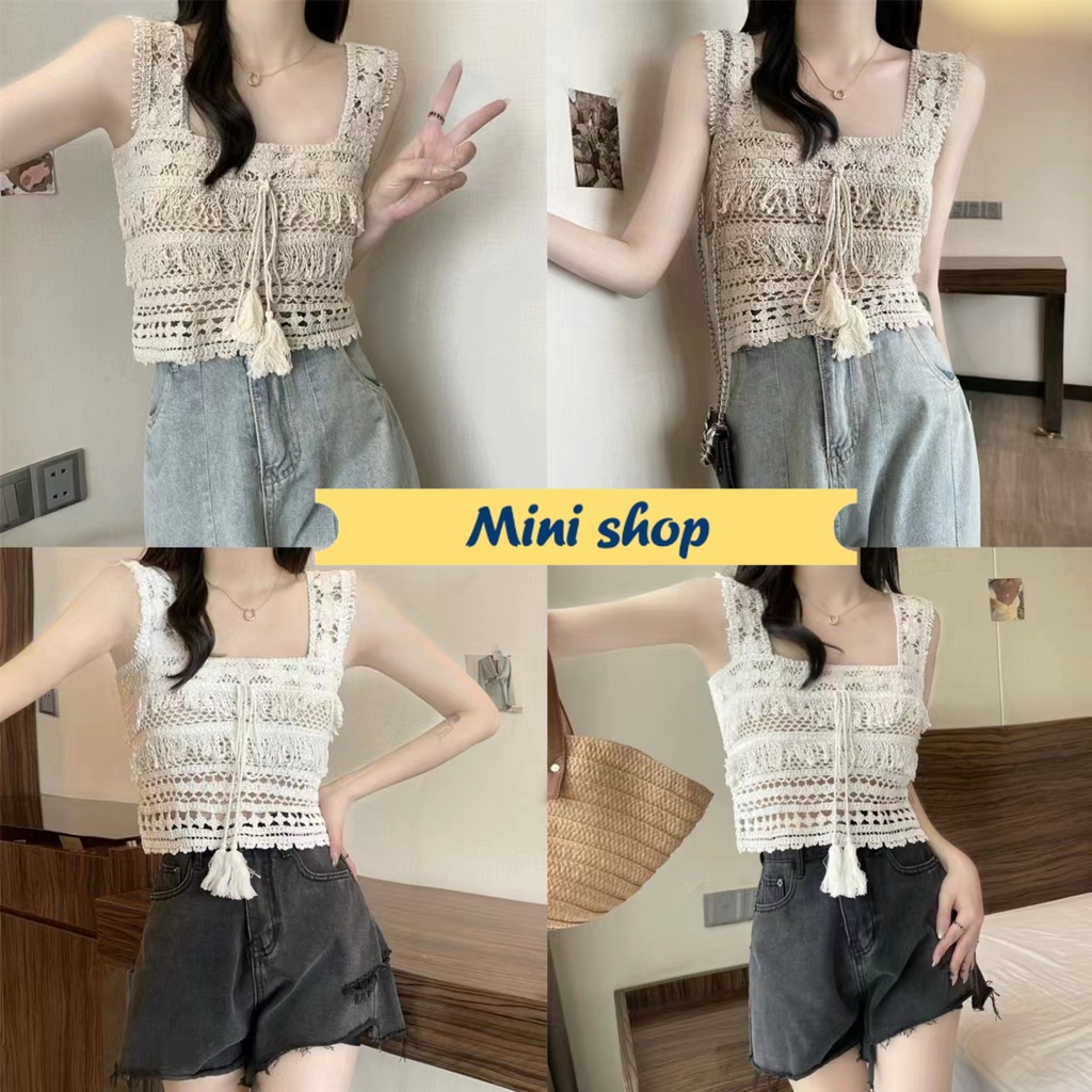 Mini shop พร้อมส่ง (47233) เสื้อกล้ามสีพื้น ทรงครอปถักไหมพรม -C