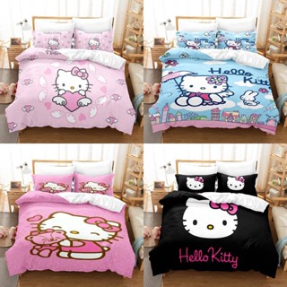 ชุดเครื่องนอน ผ้าปูที่นอน ปลอกหมอน ผ้านวม ลาย Hello Kitty ซักทําความสะอาดได้ สําหรับหอพัก