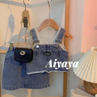 Aiyaya ชุดเซ็ทเด็ก เสื้อครอปเด็ก+เสื้อกั๊ก+กระโปรงยีนส์ ชุดเซ็ท 3 ชิ้น เหมาะสำหรับเด็กผู้หญิงอายุ 2-10 ขวบ สไตล์เกาหลี (708)