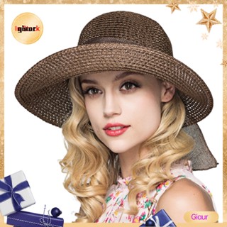 Giaurz หมวกฟางปีกกว้าง กันแดด ประดับโบว์ พับได้ สีพื้น แฟชั่นฤดูร้อน