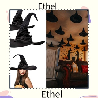 Ethel1 หมวกแม่มดฮาโลวีน พิมพ์ลายปีศาจ หมวกพ่อมดจีบ อุปกรณ์ประกอบฉากคอสเพลย์ สีดํา ปาร์ตี้ฮาโลวีน ตกแต่งหน้ากากริบบิ้น หมวกปลายแหลม ผู้ใหญ่ เด็ก