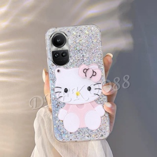 ใหม่ เคสโทรศัพท์มือถือ TPU นิ่ม ลายแมว KT ประดับเลื่อม กลิตเตอร์ วิบวับ พร้อมขาตั้งกระจก สําหรับ OPPO Reno 10 Pro Plus 10Pro 10Pro + A78 A58 4G 5G Reno10 Pro