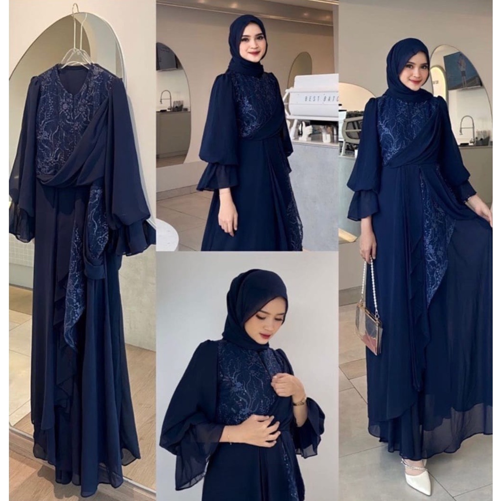Ra - Melisa Dress ผู้หญิงมุสลิม Gamis Full Puring Matt Ceruty Babydoll Mix Brukat Kondangan แฟชั่น