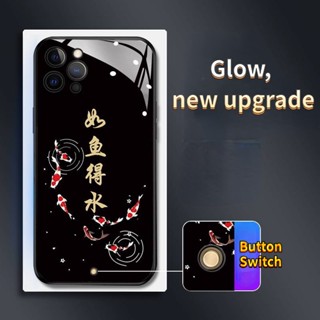 เคสโทรศัพท์มือถือกระจก ลายปลาคราฟนําโชค มีไฟกระพริบ LED สําหรับ apple iPhone 14Promax 14Plus 13Promax 12ProMax 7plus 8plus XR XS X XSMAX 11ProMax 11pro