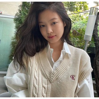 Jennie Kim Ji Ni Same Style C · K Apricot เสื้อกั๊กถัก ทรงหลวม ความยาวปานกลาง สไตล์เกาหลี สําหรับผู้หญิง