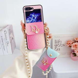 เคสโทรศัพท์มือถือ กันกระแทก ไล่โทนสี พร้อมสายคล้อง และช่องใส่บัตร สําหรับ Samsung Galaxy Z Flip 3 4 5 5G Z Flip5