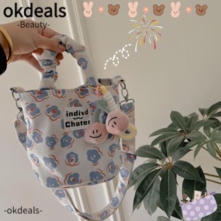 Okdeals กระเป๋าสะพายไหล่ ผ้าแคนวาส ทรงโท้ท ขนาดใหญ่ จุของได้เยอะ ลายดอกไม้ แฟชั่นสําหรับสตรี