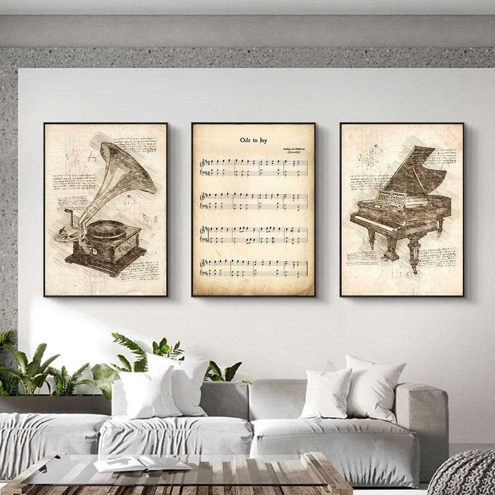 โปสเตอร์ Vintage Music แผ่นเก่า Beethoven Grand Piano ภาพวาดผ้าใบ Wall Art Gramophone ภาพสําหรับห้องนั่งเล่นตกแต่ง Cuadros